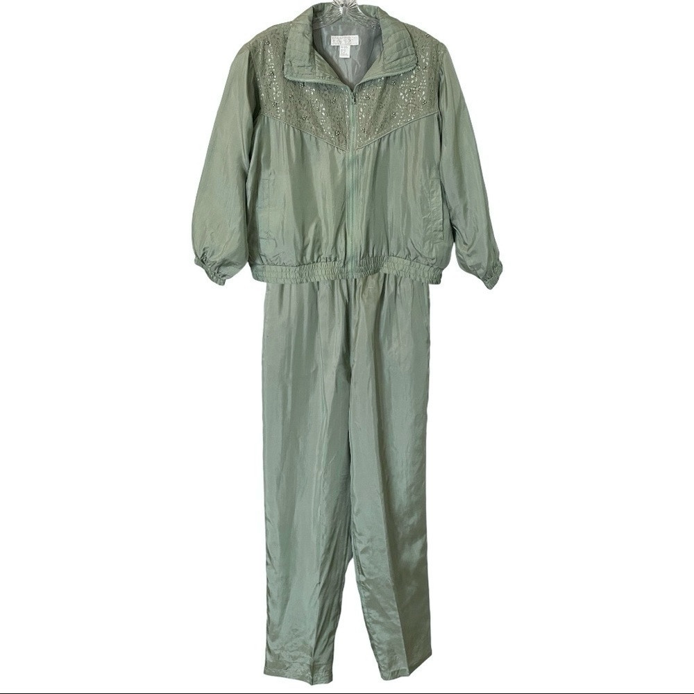 Vintage Y2K Maurada 100% Silk Beaded Lace Tracksuit Set XL Sage Jogger Jacket